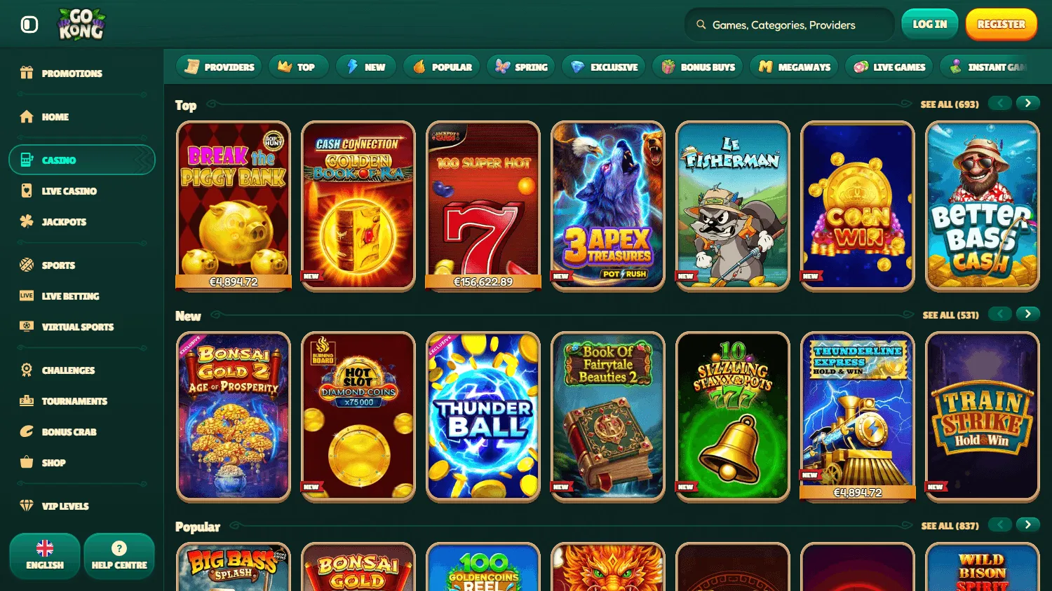 Gokong Casino desktop games view with slots and casino formats