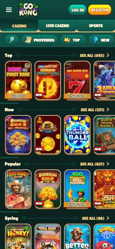 Gokong Casino mobile games view with casino game categories