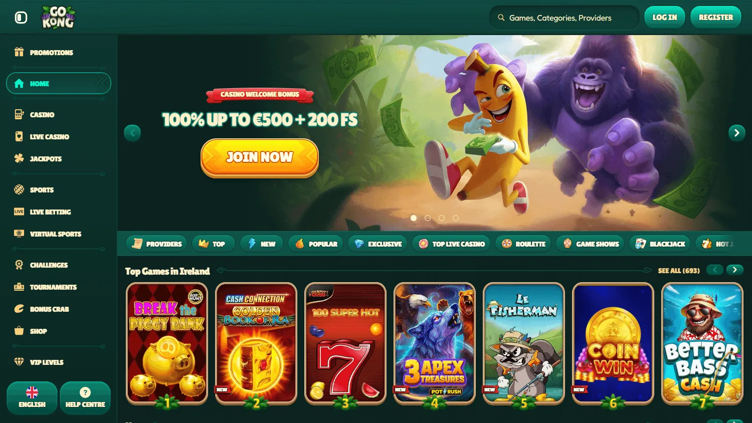 Gokong Casino desktop home view with casino and sportsbook access