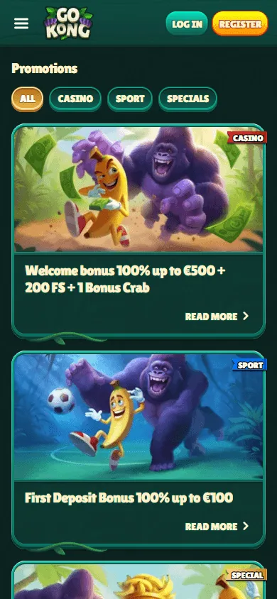Gokong Casino mobile promotions view with casino, sports and cryptocurrency offers