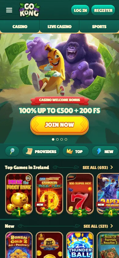 Gokong Casino mobile home view for casino and sportsbook play